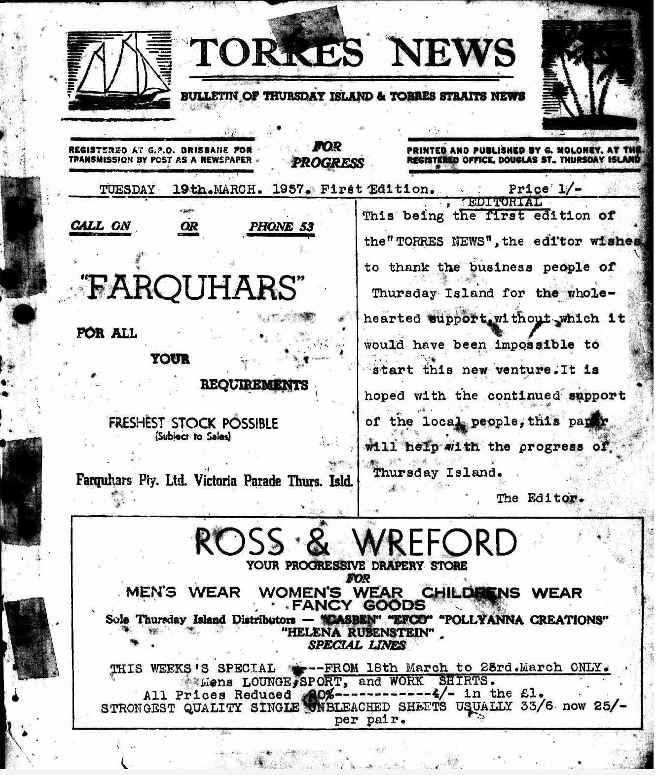 A photocopy of the first edition of the Torres News from 1957.