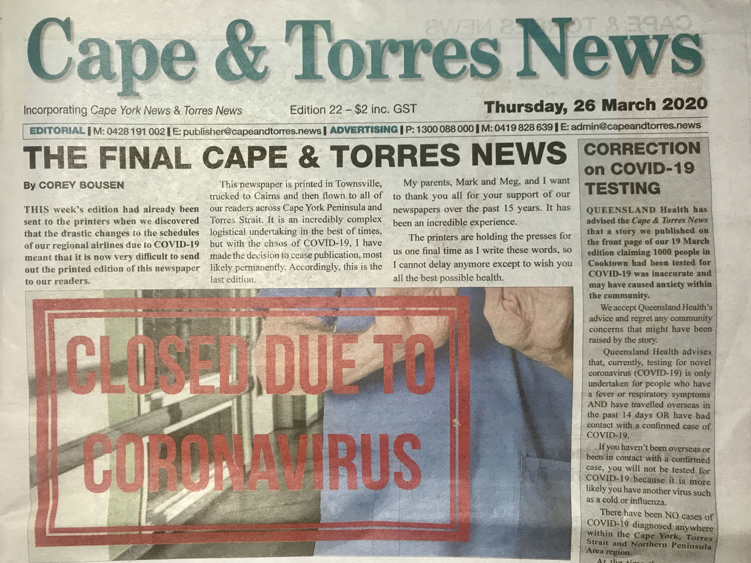 A picture of the physical paper for the Cape and Torres News. Headline reads "The Final Cape and Torres News" and picture in paper shows a big red stamp which says "Closed due to Coronavirus"